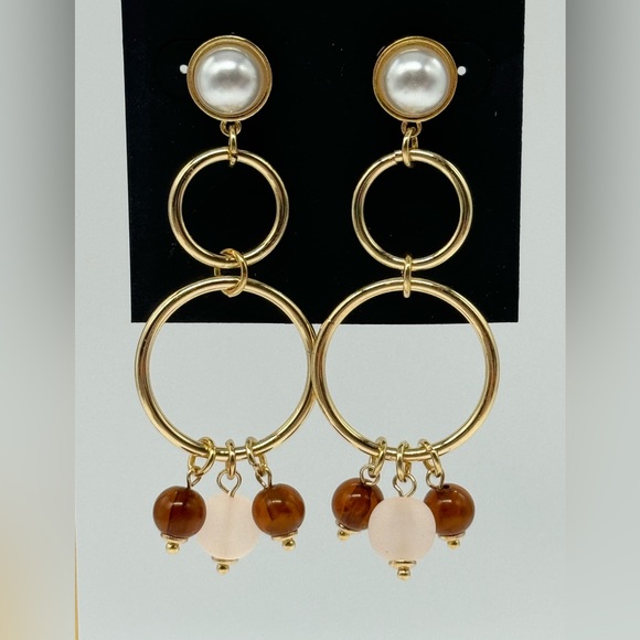 INC Boho Tri-Circle Drop Earrings with Faux Pearl & Dangling Stones on Gold Tone - Picture 5 of 10